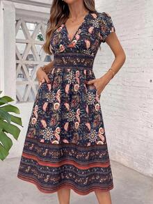 SHEIN Clasi Đầm midi nữ mới thanh lịch cổ chữ V tôn eo tôn dáng có túi họa tiết hoa, đầm đi biển mùa hè - màu đen - Xem 10