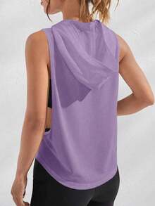 SHEIN Sports 女款網眼素色無袖寬鬆字母印花連帽運動衛衣 - 紫色 - 查看 2