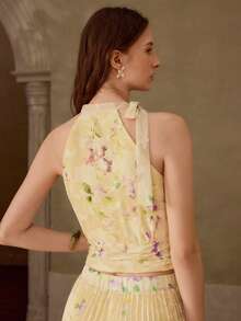 MOTF PREMIUM TOP DE MODA PARA MUJER CON ESTAMPADO JACQUARD, CUELLO CON NUDO, CUELLO HALTER, PLISADO, CROP Y SIN MANGAS - Amarillo - Ver 3