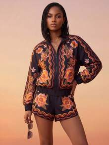 CAJUNI Windbreaker Jacket With Tapestry Flower Print - Black - View 9