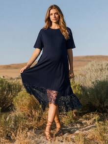 SHEIN 時尚孕婦純色極簡圓領短袖洋裝 - 藏蓝色 - 查看 1