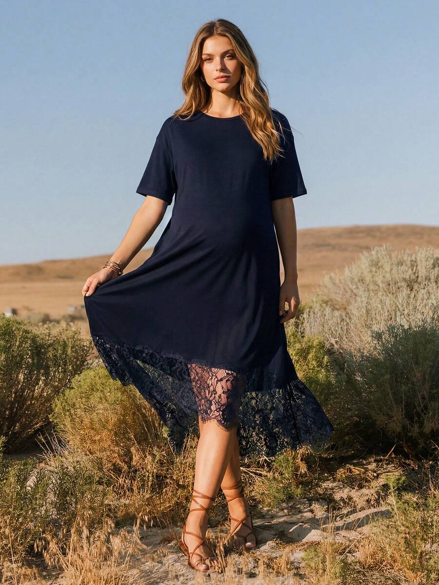 SHEIN 時尚孕婦純色極簡圓領短袖洋裝 - 藏蓝色 - 查看 1