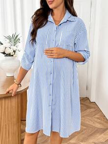 SHEIN 孕婦條紋落肩前扣休閒寬鬆夏季洋裝 - 藍白色 - 查看 8