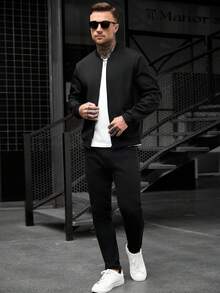 Manfinity CasualCool 男士纯色长袖拉链休闲棒球夹克 - 黑色 - 查看 6