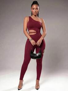 Radiana Women's Asymmetrical Shoulder Cutout Fitted Sports Jumpsuit  Casual Everyday Wear Summer Running Yoga  Gym Club, Nightclub Cocktail Party Sexy - Burgundy - View 6