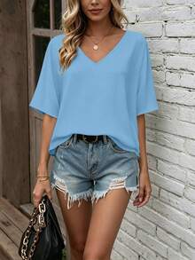 EMERY ROSE Women's Solid Color V-Neck Batwing Sleeve Summer Casual Shirt, Vacation Style Plus Size Top - Blue - View 4