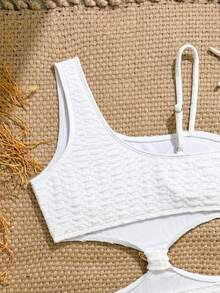 SHEIN Tween Girl Solid Color One-Shoulder Waist-Length Starfish Decor One-Piece Swimsuit And Triangle Mesh Skirt, Beach Pool Vacation - Multicolor - View 4
