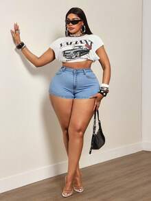 Slaydiva Plus Size Cowgirl Outfit Women's Summer Light Blue Stretch Rhinestone Embellished Tight Sexy 90s Shorts Vacation - Light Wash - View 7