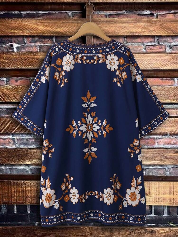 Plus Size Women's Spring/Autumn Casual Beach Vacation Style Floral Print Open Front Jacket