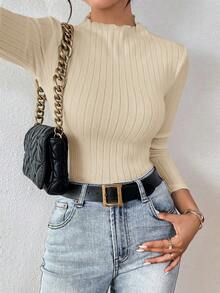 SHEIN Frenchy Apricot 92% Cotton Ribbed Turtleneck Long Sleeve Fitted Women's Base Layer T-Shirt Spring Long Sleeve Top Mock Neck Top - Apricot - View 6