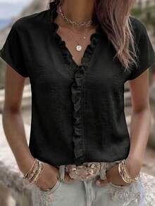 EMERY ROSE Women's Solid Color Casual Versatile Daily Wear Shirt - Black - View 4