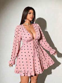Viva Relle Plus Size Women's Polka Dot Print Deep V-Neck Long Sleeve Ruffle Dress - Pink - View 5