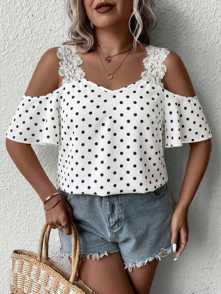 Reflora Plus Size Women's Lace Patchwork Sleeveless Off-Shoulder Polka Dot Pattern Elegant Blouse, Spring/Summer New Arrival - White - View 5