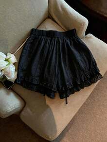 GlowEve Solid Color Drawstring Waist Ruffle Hem Casual Everyday Shorts, Spring/Summer - Black - View 2