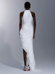 Elitara Vestido de Noche Formal Elegante Minimalista con Bordado de Cinta, Volantes Asimétricos y Hombros Descubiertos, Blanco, para Boda, Gala y Primavera - Blanco - Ver 8