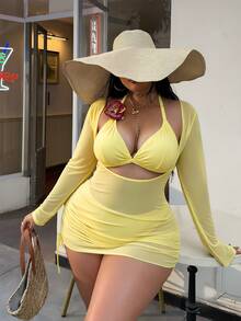 Swim SXY Plus Size 3-Piece Women's Swimsuit Set With Floral Accents, Solid Color, Sexy - Yellow - View 4