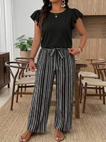 SHEIN Frenchy 2件組女款大尺碼波希米亞風純黑色上衣與黑白條紋圖案長褲套裝，時尚新風格，適合春夏季外出 - 彩色 - 查看 6