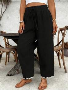 EMERY ROSE Plus Size Women's Black Loose Striped Casual Pants With Contrast Color Machine-Knitted Shell Flower Special Craft, Drawstring Waist And Ruffle Hem - Black - View 2