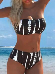Swim Vcay Set de 2 piezas Bikini bandeau con estampado de cebra para mujer - Blanco y Negro - Ver 1