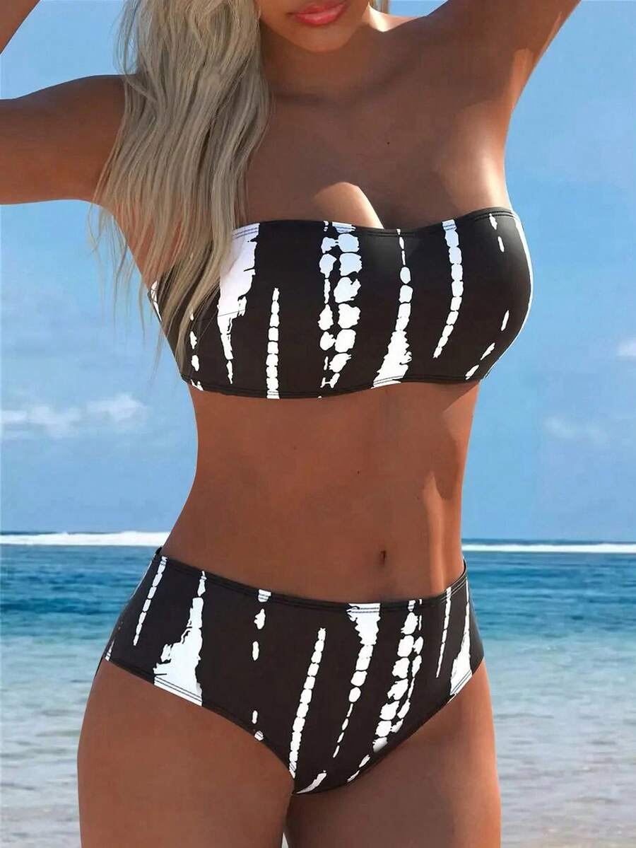 Swim Vcay Set de 2 piezas Bikini bandeau con estampado de cebra para mujer - Blanco y Negro - Ver 1
