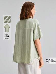 Ontre 女款鼠尾草綠圓領小立領落肩短袖夏季波希米亞風極簡休閒辦公早午餐教師節穿搭 - 薄荷綠 - 查看 4