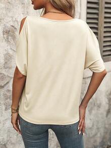 EMERY ROSE Apricot-Colored Casual Travel Summer Off-Shoulder T-Shirt, Round Neck, Batwing Sleeves, Loose-Fitting Short-Sleeved Top. - Apricot - View 2
