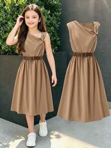Asymmetric Shoulder Design With Metal Buckle Decor, Fashionable And Eye-Catching; Sleeveless Silhouette Is Fresh And Neat, Paired With A Matching Waist Belt To Create A Snug Fit Effect; Flowing Fabric Is Comfortable, A-Line Dress Is Dynamic, Simple Yet Elegant, Suitable For Daily Wear. - Khaki - View 1