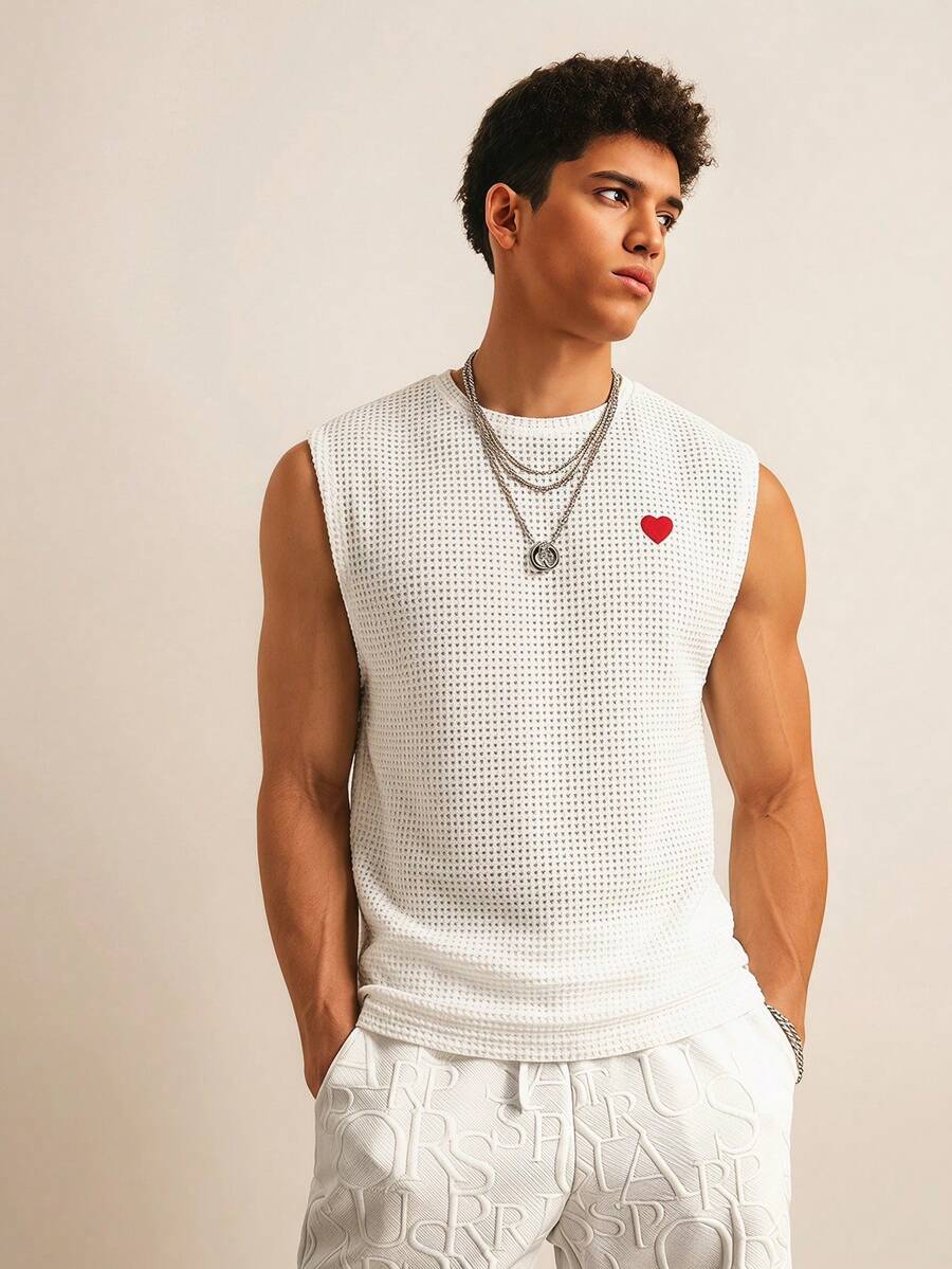 SWAVVY Casual Men's Heart Embroidery Crew Neck Hollow Out Vacation Tank Top - White - View 1