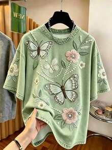 Resyla 女款T恤，仿牛仔刺繡工藝，仿珠飾圖案印花T恤，圓領短袖寬鬆版型T恤，優雅女款T恤，適合日常穿著與約會場合。女款短袖上衣，夏季女款上衣，最新女款上衣，蝴蝶花卉刺繡圖案T恤 - 彩色 - 查看 3