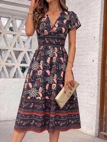 SHEIN Clasi Đầm midi nữ mới thanh lịch cổ chữ V tôn eo tôn dáng có túi họa tiết hoa, đầm đi biển mùa hè - màu đen - Xem 9