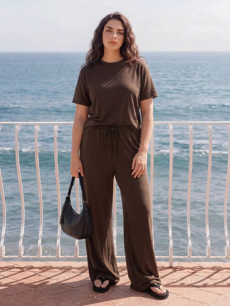 Solavibe Plus Size Women's Solid Color Round Neck Short Sleeve Top And Long Pants Casual Daily Two Pieces Set Vacation Chocolate Brown Summer Formal - Brown - View 1