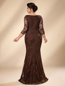 Serin Plus Size Elegant Formal Classy Brown Square Neck 3/4 Sleeve Pearl Rhinestone French Lace Pleated Mermaid Tail Train Wedding Evening Party Dinner Fall - Brown - View 2