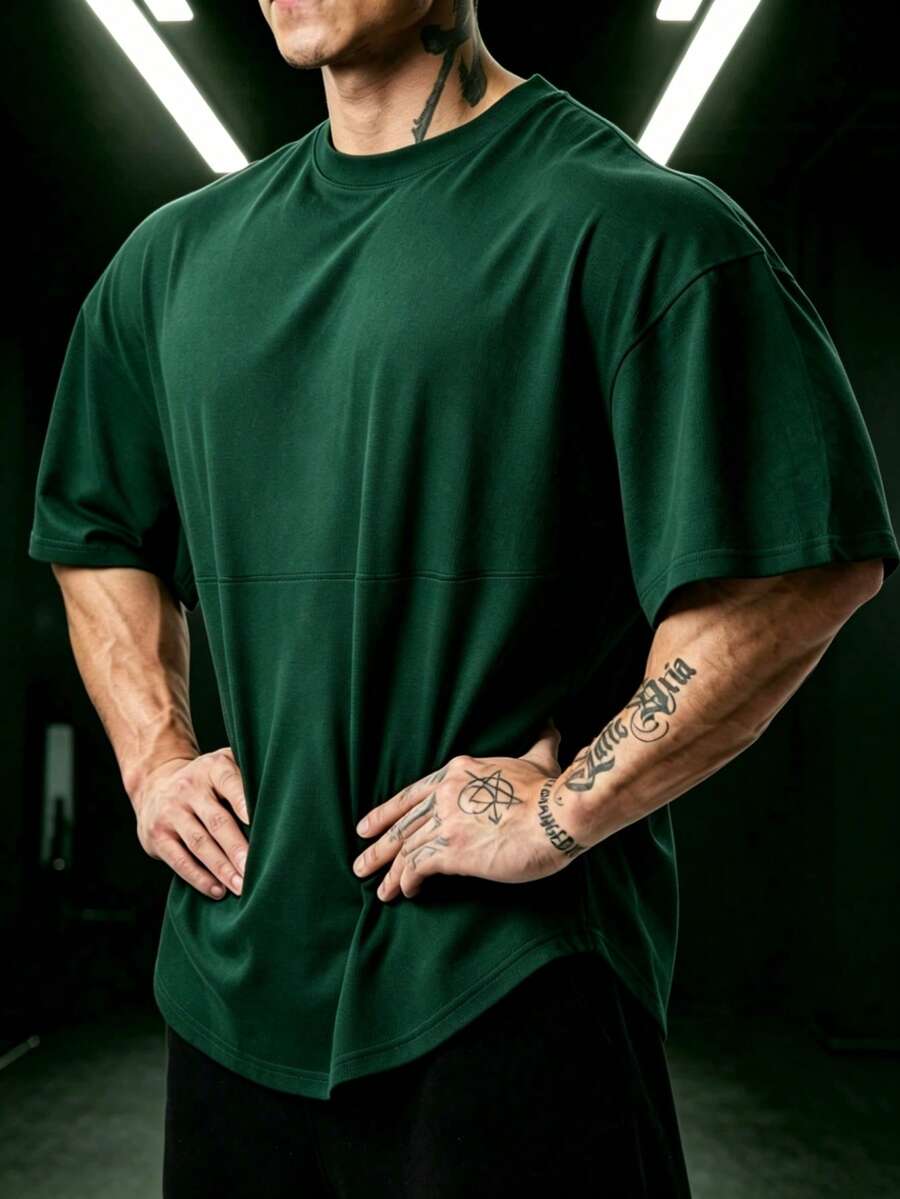 GymBeat 男士素色圓領落肩寬鬆休閒百搭短袖運動T恤,健身房適用 - 綠色 - 查看 1