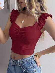 DAZY Women Ruched Camisole, Fitted And Versatile Valentine's Day Crop Top - Burgundy - View 15