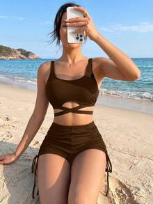 Swim Basics Women's Solid Color Minimalist Daily Swimwear Set - Brown - View 4