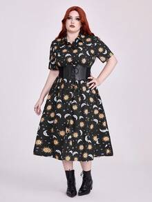 ROMWE Hippie Summer Dress Fairycore Vintage Mori Style Sun & Moon Star Print Short Sleeve Shirt Collar Plus Size Women Dress - Black - View 5