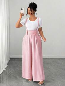 Elenzga Women's Plus Size Adjustable Pearl Buckle Decor Pocket Long Overalls Elegant Party Jumpsuit - Dusty Pink - View 1