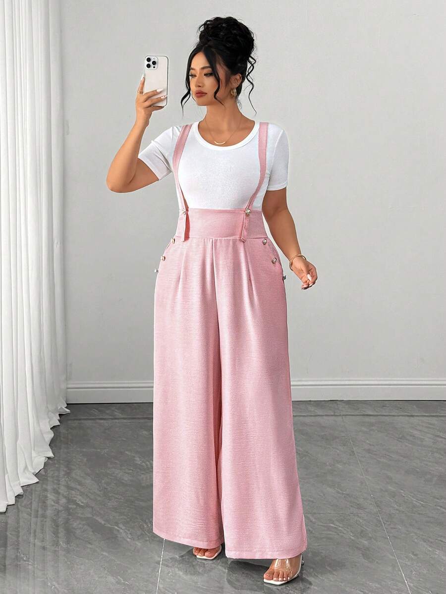 Elenzga Women's Plus Size Adjustable Pearl Buckle Decor Pocket Long Overalls Elegant Party Jumpsuit - Dusty Pink - View 1