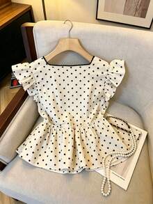 SHEIN Franclia 女士波点印花方领荷叶袖上衣，松紧腰摆荷叶边衬衫，可爱休闲夏季日常衬衫 - 彩色 - 查看 2
