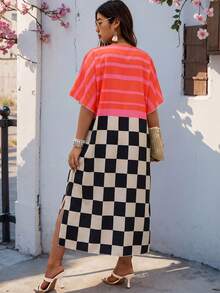 SHEIN LUNE Plus Size Women's Checkerboard Geometric Print V-Neck Loose Casual Dress - Multicolor - View 2