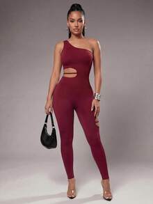 Radiana Women's Asymmetrical Shoulder Cutout Fitted Sports Jumpsuit  Casual Everyday Wear Summer Running Yoga  Gym Club, Nightclub Cocktail Party Sexy - Burgundy - View 4