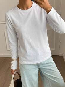 DAZY Solid Round Neck Tee,Fall Clothes Long Sleeve Women Tops - White - View 15