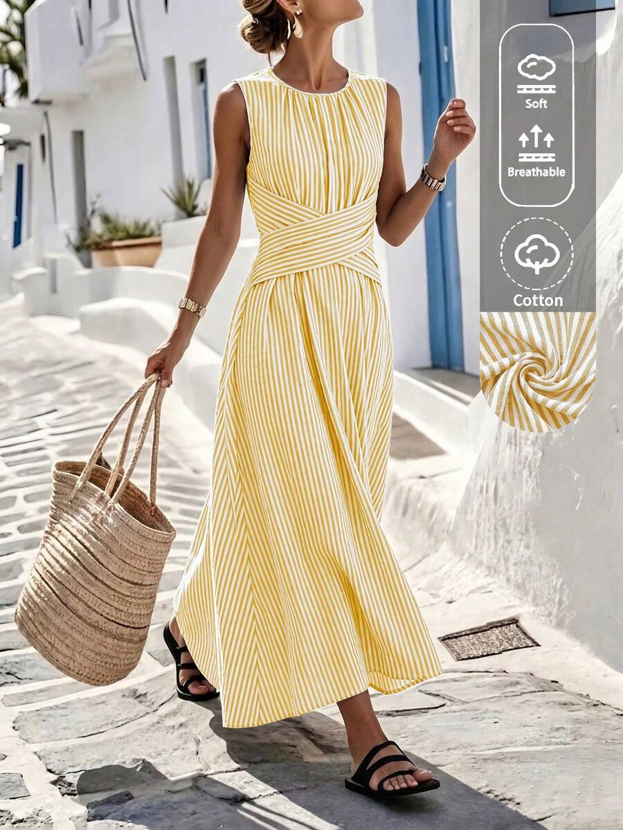 SHEIN LUNE Women's Summer Blue And White Striped Fabric Round Neck Cinched Waist Flared Sleeveless Maxi Dress, Elegant Sophisticated Birthday Gift, Dating Party Carnival Travel Beach Vacation Street Photography Atmosphere Outfit, Summer Clothing, Summer Dress, Summer New Arrival Must-Have Fashion Item, Niche Design Versatile Women's Casual Vacation Style Maxi Dress - Yellow - View 1
