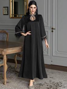 Layrah 女款素色手工水鑽羽毛袖口優雅寬鬆晚禮服 - 黑色 - 查看 5