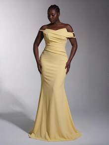 Elitara Plus Size Elegant Luxurious Tube Top Knotted Textured Fabric Dress For Formal - Yellow - View 9