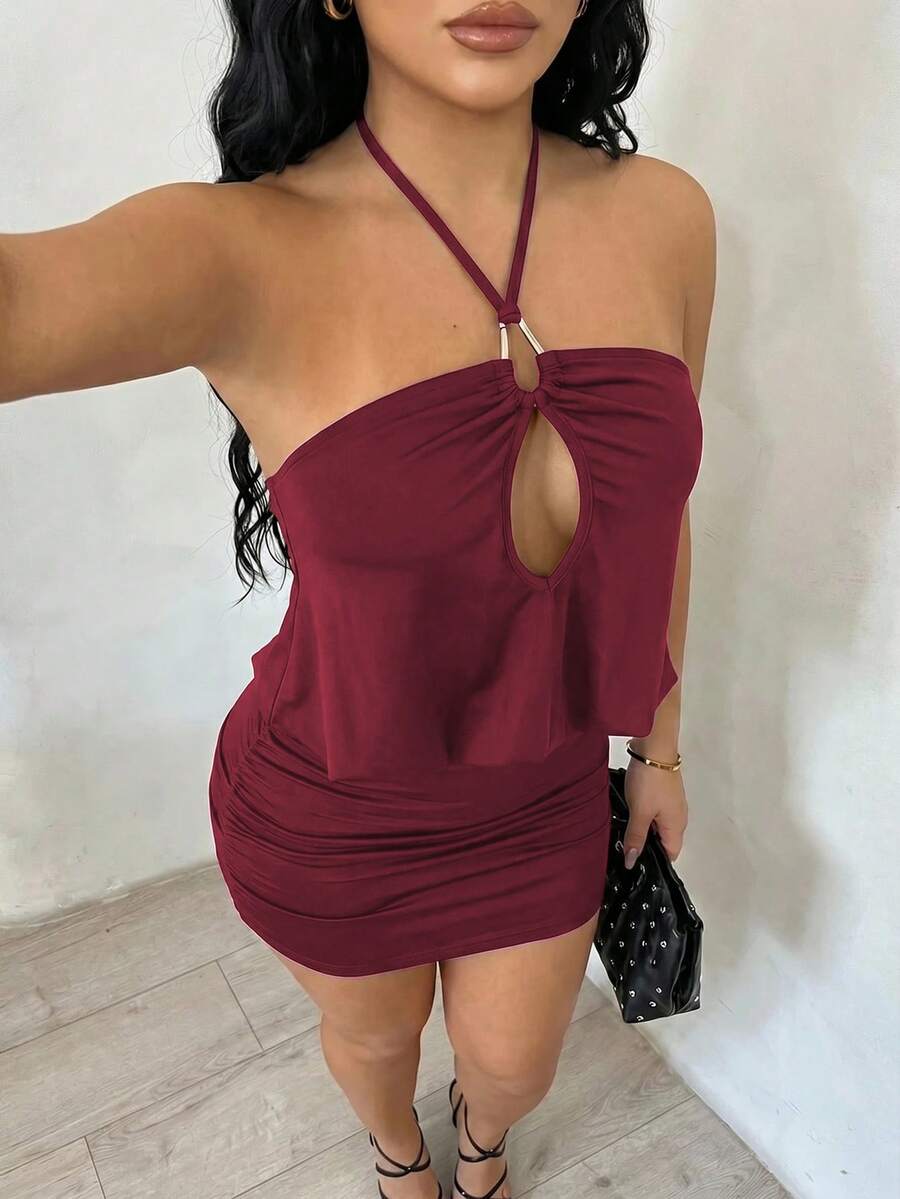 SHEIN SXY 女款掛脖鏤空壓褶優雅夏季洋裝