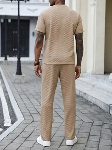 Manfinity Homme Men's Knit Textured Fabric Mature Casual Holiday Daily Gift For Husband Boyfriend Long Pants Short Sleeve T-Shirt Set - Khaki - View 5