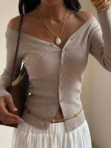 DAZY Women's Spring & Autumn Casual Solid Color Oblique Shoulder Cardigan,Long Sleeve Tops,Fall Women Clothes - Mocha Brown - View 10
