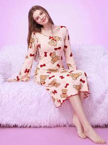 Notgurli Cute Cartoon Bear & Bow Knit Jacquard Women Sleep Dress Teddy Bear Pink Cute Sleepwear Pajama Dress, Fall & Winter - Multicolor - View 6