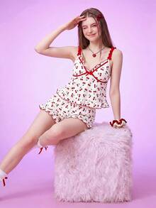 Notgurli Cherry Printed Frilled Trim Decor Women Pajama Set Holiday Season - Multicolor - View 5